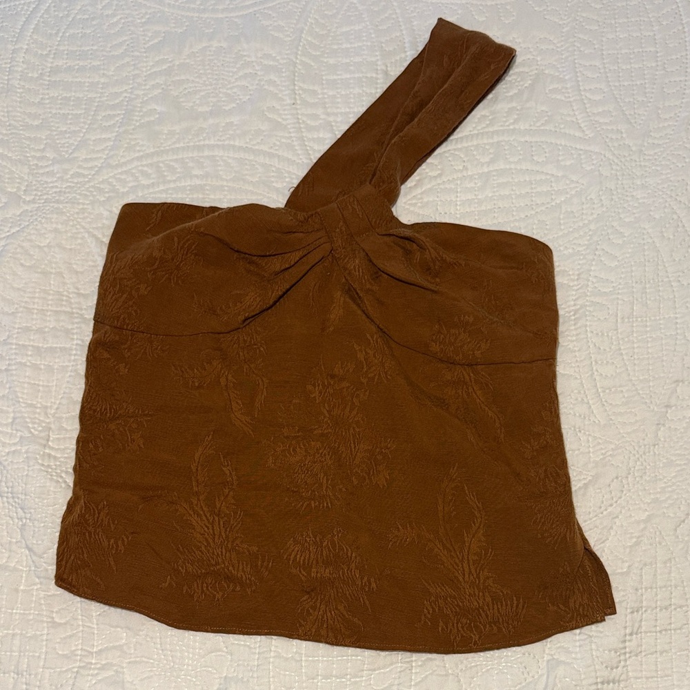 Veronica Beard Tan One-Shoulder Textured Crop Top